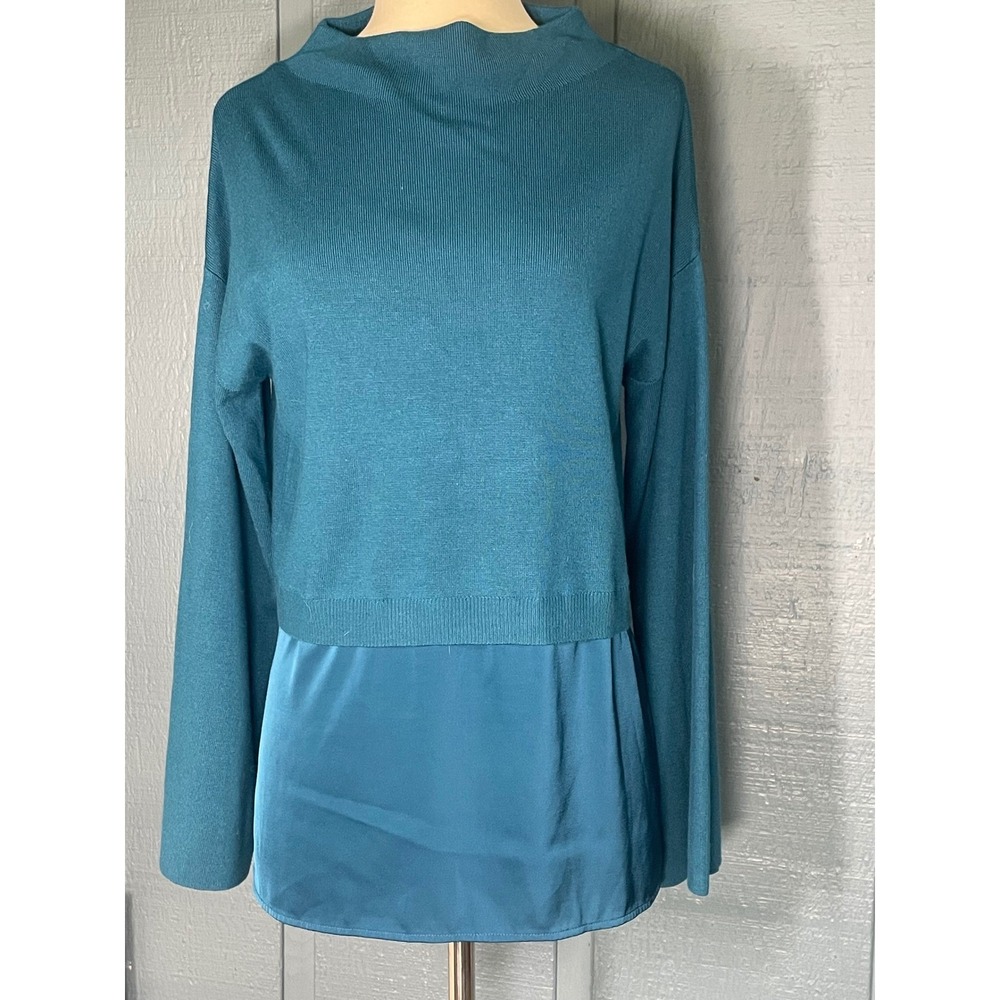 Calvin Klein‎ Teal Blue Ribbed Knit Sheath Layered Long Sleeve Top Womens Size S